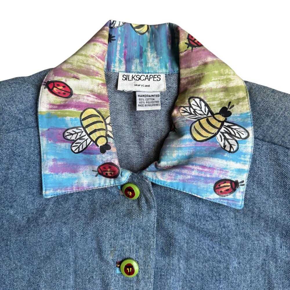 Silkscapes Jean Jacket Handpainted Cat Womens Vintage Artsy Patchwork Oversized